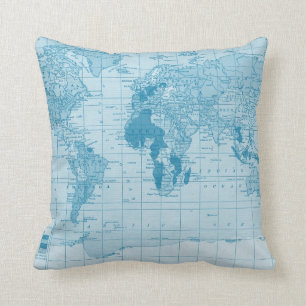 Cool Blue Wereldkaart Pillow Kussen