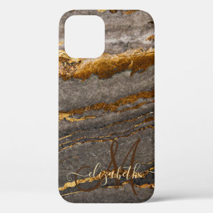 Cool Brown Gold Marble Texble Monogram iPhone 12 Hoesje