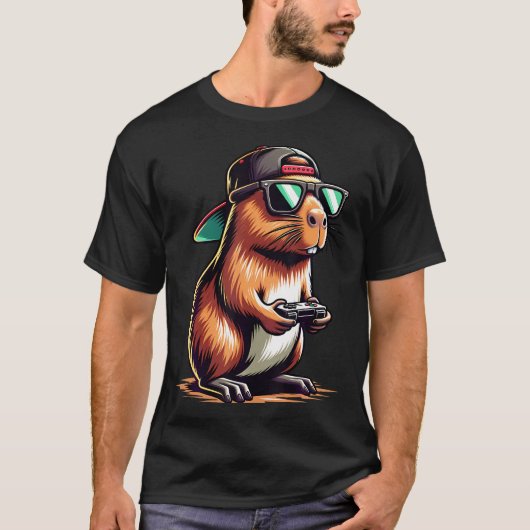 Cool Capybara Playing Video Games. Funny Gamer Cap T-shirt (Voorkant)