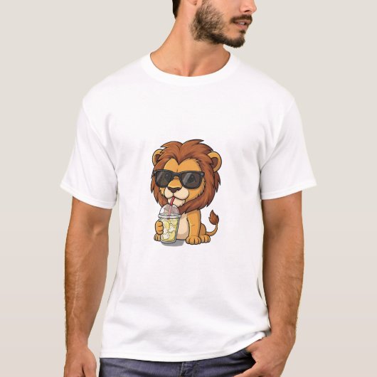 Cool Cartoon Lion Drinking Iced Lemonade T-shirt (Voorkant)