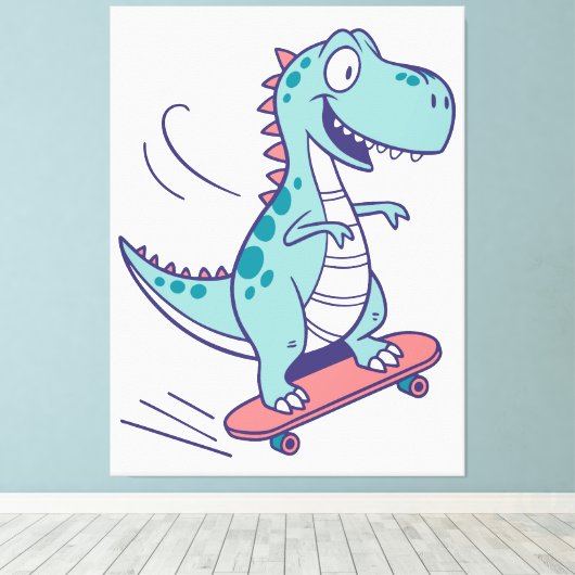 Cool Cartoon T-Rex op Skateboard Canvas Afdruk (Insitu (Houten vloer))