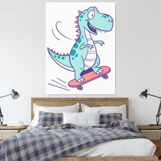 Cool Cartoon T-Rex op Skateboard Canvas Afdruk (Insitu (Slaapkamer))