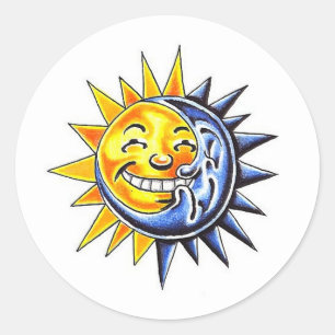 Cool cartoon tattoo symbool happy sun moon face ronde sticker