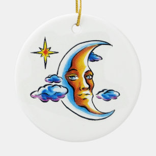 Cool cartoon tattoo symbool Moon face star wolken Keramisch Ornament