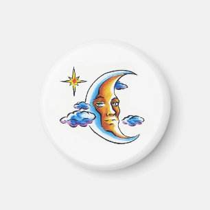 Cool cartoon tattoo symbool Moon face star wolken Magneet