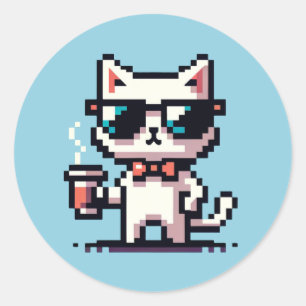 Cool Cat Coffee Break: 8-bit Pixel Art Ronde Sticker