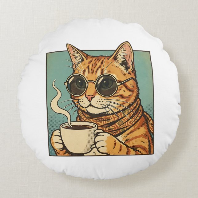 Cool Cat Coffee Retro Stijl Design voor Kattenlief Rond Kussen (Voorkant)