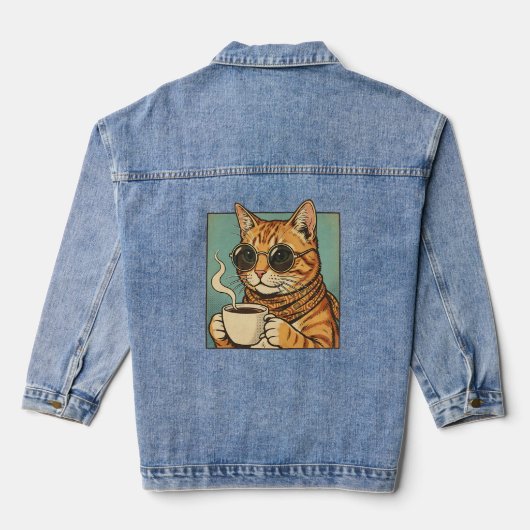 Cool Cat Coffee Retro Style Design for Cat Lovers Denim Jacket (Achterkant)
