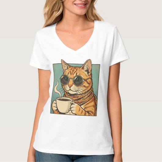 Cool Cat Coffee Retro Style Design for Cat Lovers T-shirt (Voorkant)