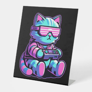 Cool Cat Gamer Reclamebord Met Voetstuk