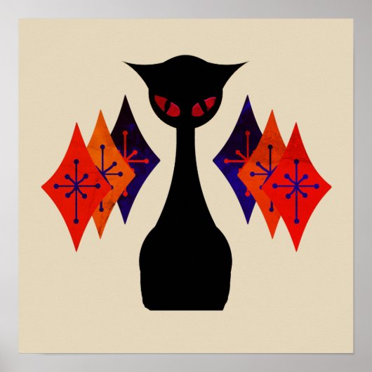 Cool Cat Red Eye Mid Century Retro Art Poster (Voorkant)