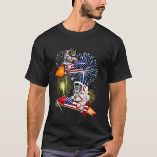 Cool Cat Riding Rocket USA Vuurwerk Amerikaanse as T-shirt