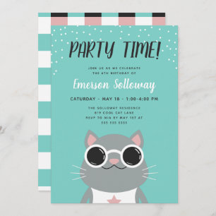 Cool Cat Turquoise Kinderen Birthday Party Kaart