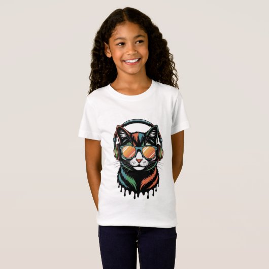Cool Cat with Headphones and Sunglasses T-shirt (Voorkant volledig)