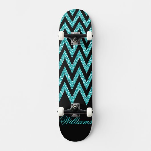 Cool chevron zigzag pauock blue faux glitter skateboard (Voorkant)