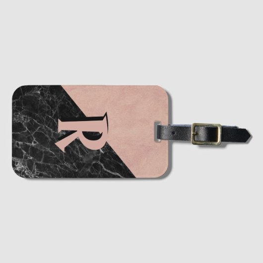 Cool Classy Roze Zwart Marmeren Monogram Custom Bagagelabel (Voorkant (horizontaal))
