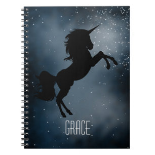 Cool Custom Name Black Galaxy Unicorn Silhouette Notitieboek