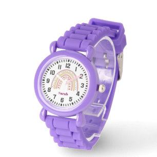 Cool Custom Name Boho Rainbow en Harten Horloge