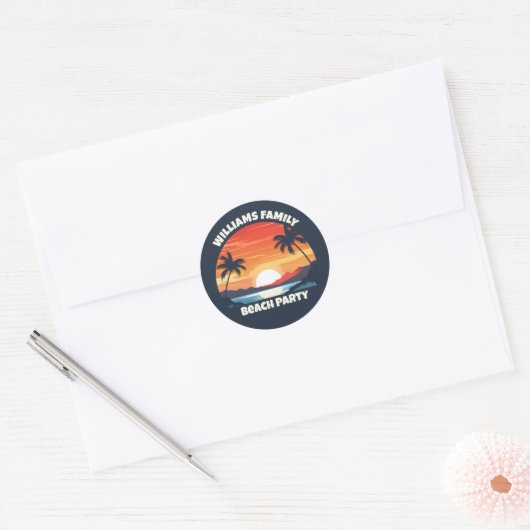 Cool Custom Sunrise Palm Trees Beach Party Blauw Ronde Sticker (Envelop)