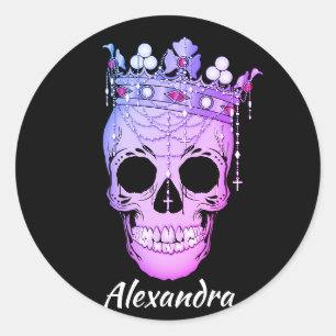 Cool Custom Text Royal Purple King Skull & Cross Ronde Sticker