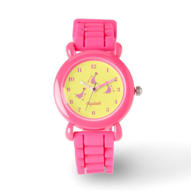 Cool Cute Yellow Pink Dinosaurs Pattern Girly Name Horloge (Voorkant)