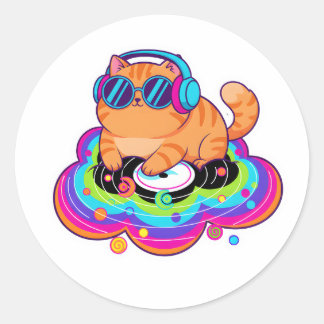 Cool DJ Orange Cat with Headphones on Rainbow Clou Ronde Sticker