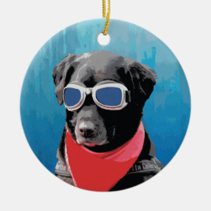 Cool Dog Black Lab Red Bandana Blue Goggles Keramisch Ornament
