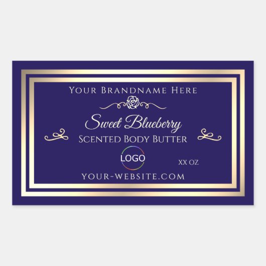 Cool Donkerblauw Product Label Goud Lijst met Logo (Voorkant)