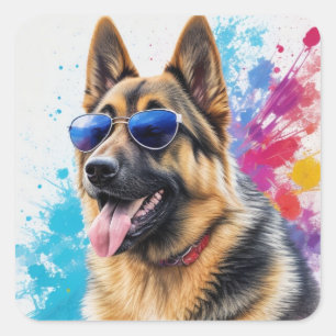 Cool Duitse Herder Dragen Zonnebril Splash Art Vierkante Sticker