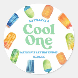 Cool Een Blauw Retro Popsicle 1e Verjaardagsfeest Ronde Sticker