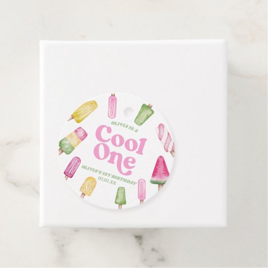 Cool Een Roze Retro Popsicle 1e Verjaardagsfeest Bedankjes Labels (In situ)