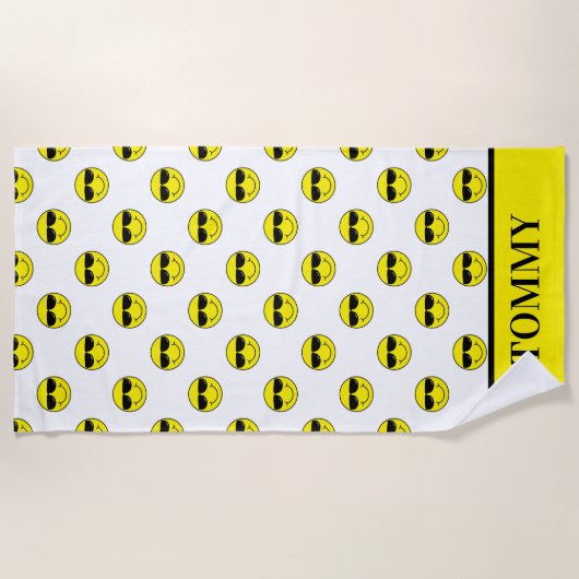 Cool Emoji Face met zonnebrillen Naam toevoegen Strandlaken (Voorkant)