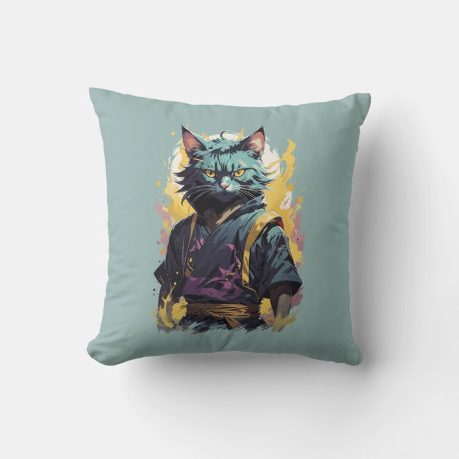 Cool Fire Splash Grey Ninja Cat Warrior Kussen (Voorkant)