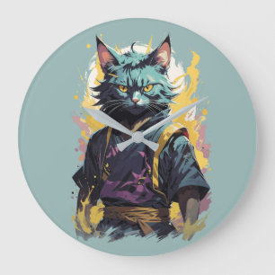 Cool Fire Splash Grijze Ninja Kat Krijger Grote Klok