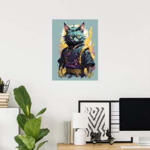 Cool Fire Splash Grijze Ninja Kat Krijger Poster
