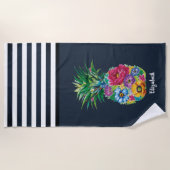Cool Floral Ananas Nautical Navy Blue Striped Strandlaken (Voorkant)