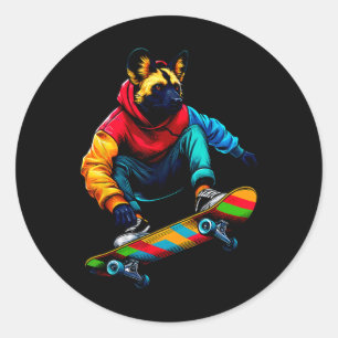 Cool Funky Afrikaanse Wilde Hond Skateboarden Illu Ronde Sticker