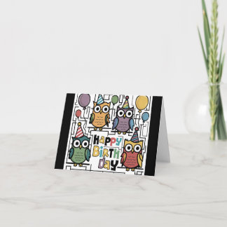 Cool Funny Owl Happy Birthday Abstract Kaart