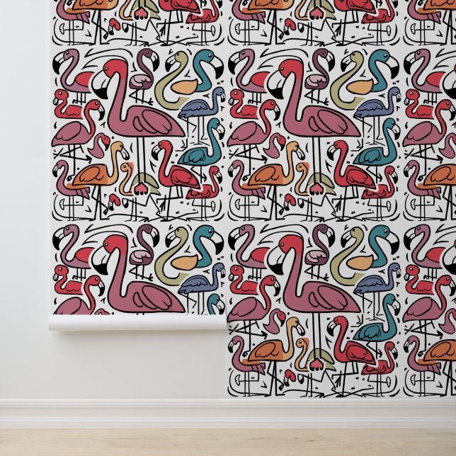 Cool Funny Pink Flamingo Birds Abstract Behang (Applicatie)