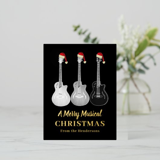 Cool Gitaar Vrolijk Kerstmis Gepersonaliseerd Goud Folie Feestdagen Briefkaart (Staand Voorkant)