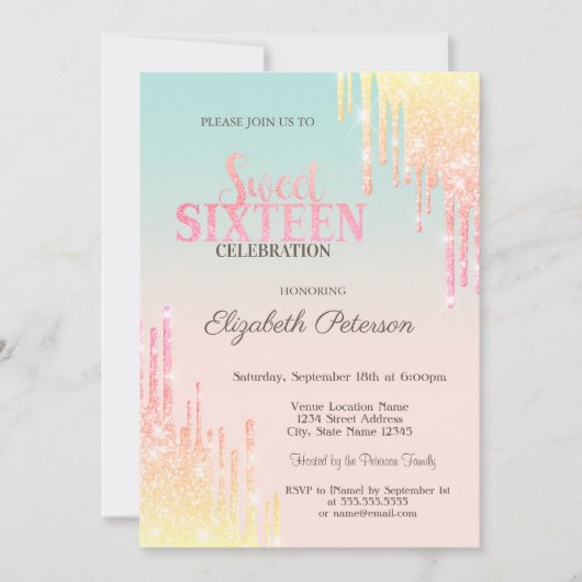 Cool Glitter Drips Ombre Sweet 16 Kaart (Voorkant)