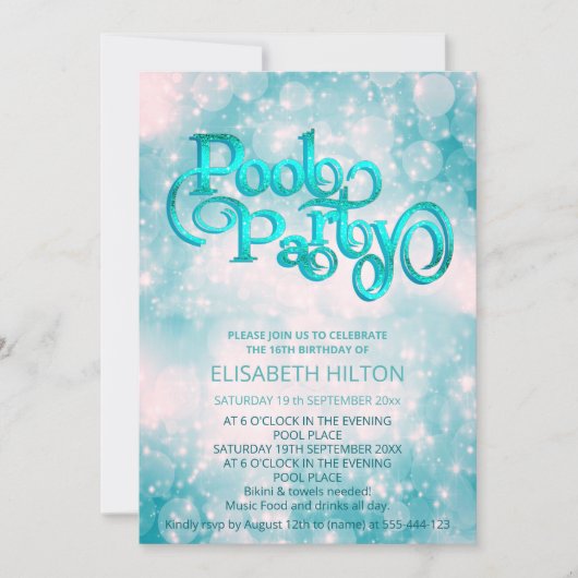 Cool glitter script pool party verjaardag kaart (Voorkant)
