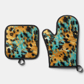 Cool Gold Aqua Leopard Ovenwant & Pannenlap Set (Voorkant)