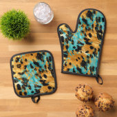 Cool Gold Aqua Leopard Ovenwant & Pannenlap Set (Top down)