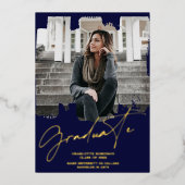 Cool gold navy afstuderen script foto afstuderen folie uitnodiging (Voorkant)