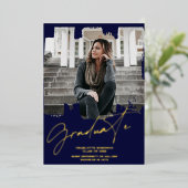 Cool gold navy afstuderen script foto afstuderen folie uitnodiging (Staand Voorkant)