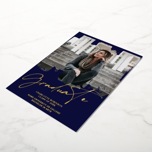 Cool gold navy afstuderen script foto afstuderen folie uitnodiging (Gedraaid)
