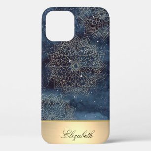 Cool Gouden Bloem Mandala, Marineblauw iPhone 12 Hoesje