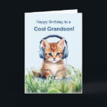 Cool Grandson Birthday Cat with Headphones<br><div class="desc">Dégustez votre petit-fils avec cette carte d'anniversaire vibrante avec une aquarelle géante illustrant un chat qui se fraie un chemin dans l'herbe, avec des écouteurs branchés. Le front souhaite chaleureusement un "Joyeux anniversaire à un grand-fils Cool", tandis que l’intérieur indique que vous avez entendu des choses merveilleuses à son sujet....</div>