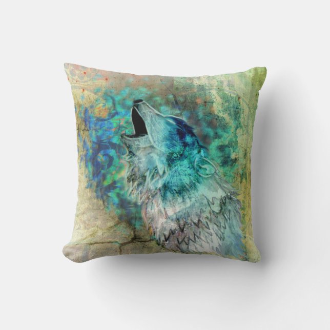 Cool Gray en Turquoise Howling Wolf Art Kussen (Voorkant)